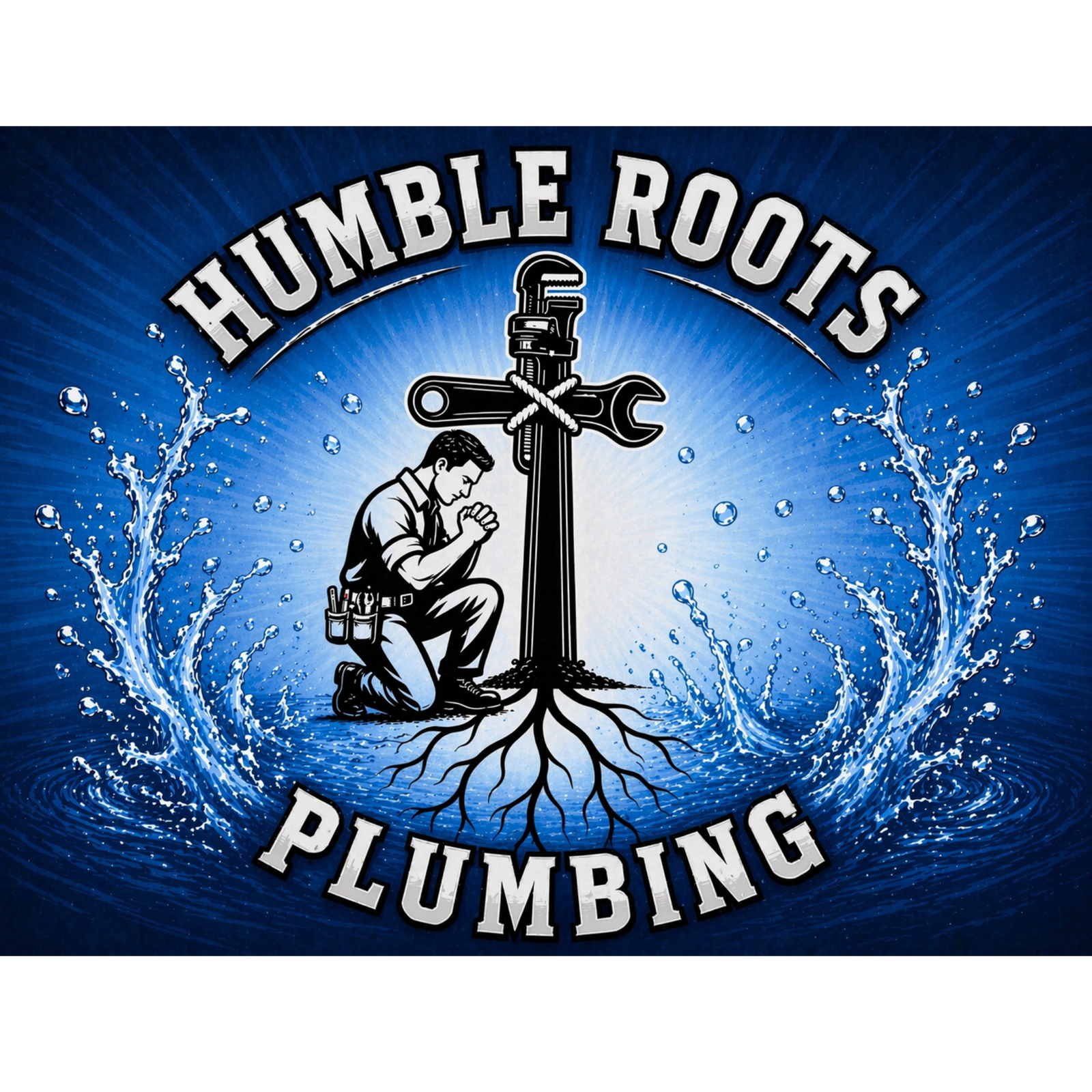 Humble Roots Plumbing — kneeling plumber in prayer at the wrench cross