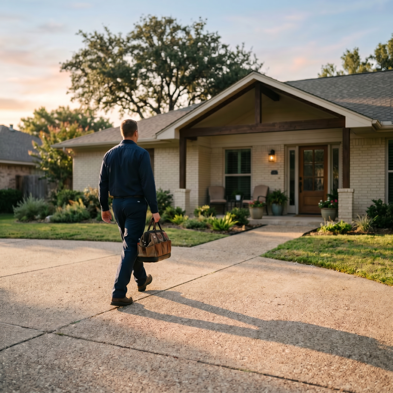 Humble Roots Plumbing technician arriving at a Central Texas home at golden hour